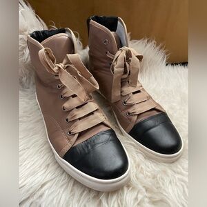 Lanvin High Top Sneakers Tan & Black Leather Grosgrain Laces Size 40